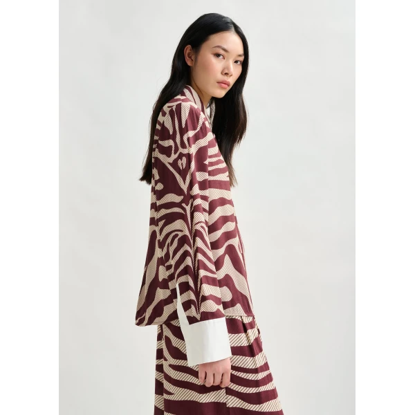 Essentiel Antwerp Off-white and burgundy zebra-jacquard shirt with rhinestone-encrushed button, view 3