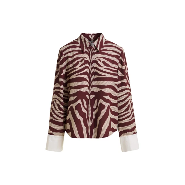 Essentiel Antwerp Off-white and burgundy zebra-jacquard shirt with rhinestone-encrushed button - Essentiel Antwerp Shirts - Colorful Belgian Design - Shop at Coveti