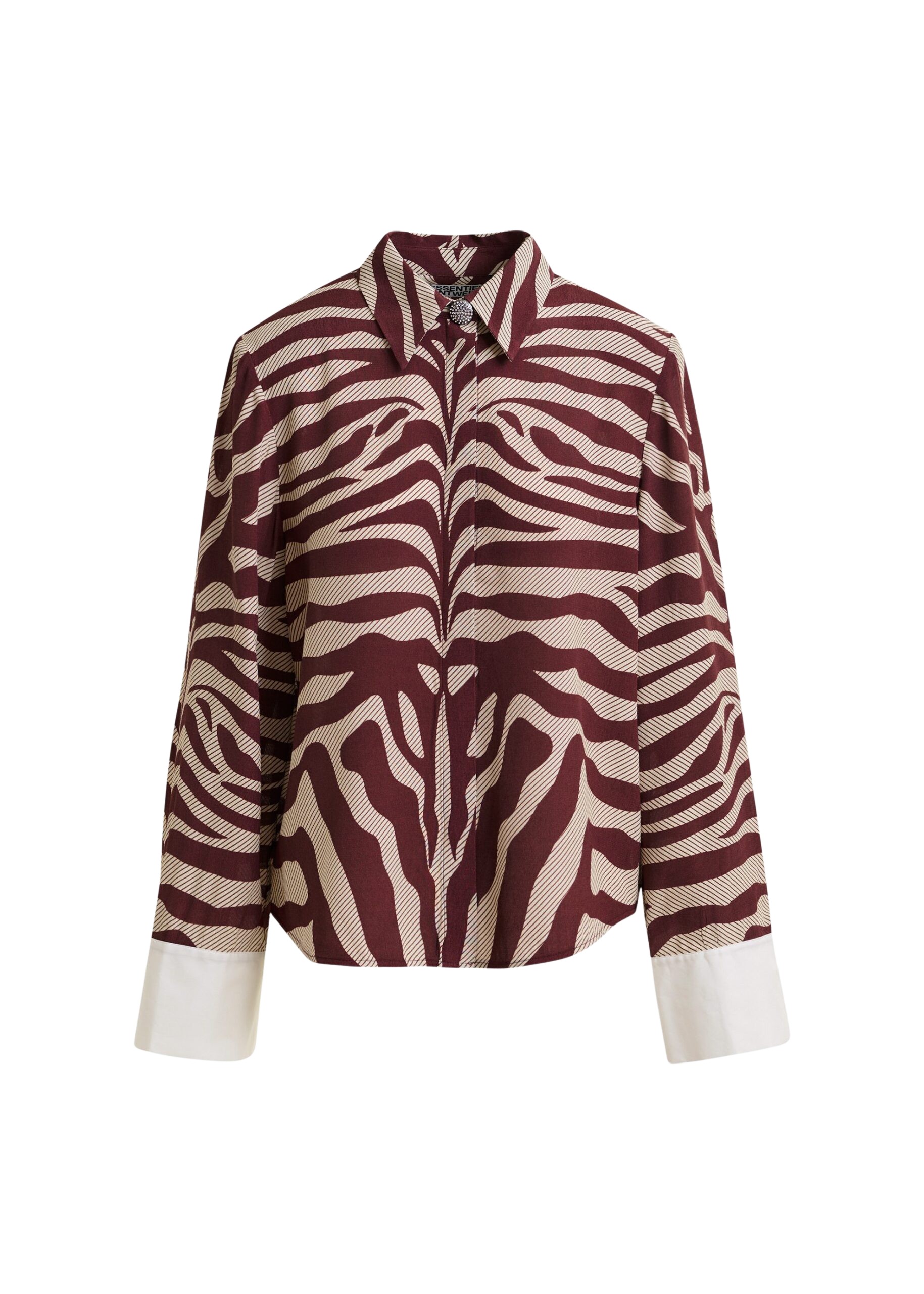 Essentiel Antwerp Off-white and burgundy zebra-jacquard shirt with rhinestone-encrushed button - Essentiel Antwerp Shirts - Colorful Belgian Design - Shop at Coveti