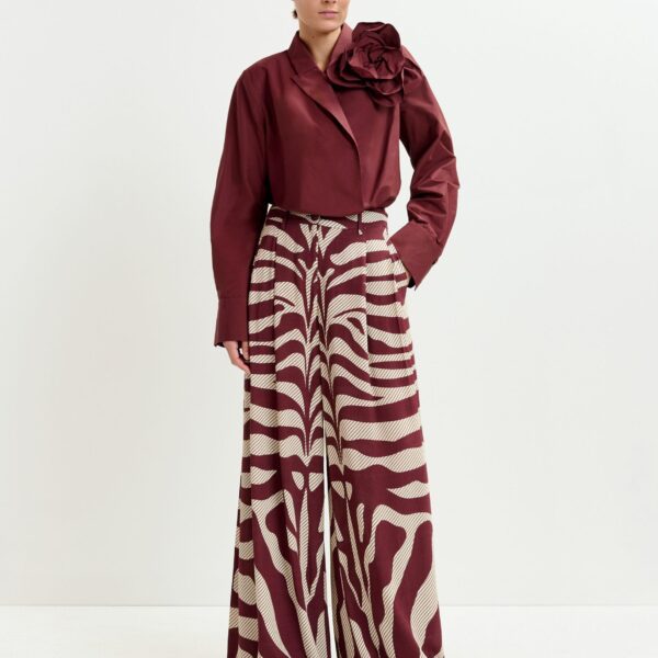 Essentiel Antwerp Off-white and burgundy zebra-print wide-leg pants - Essentiel Antwerp Pants - Colorful Belgian Design - Shop at Coveti
