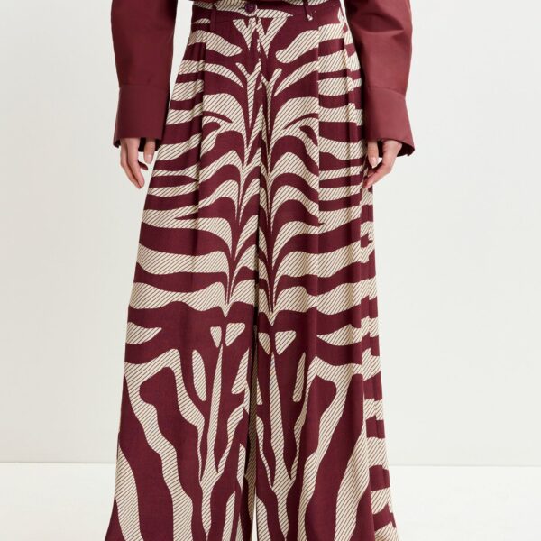 Essentiel Antwerp Off-white and burgundy zebra-print wide-leg pants - Essentiel Antwerp Pants - Colorful Belgian Design - Shop at Coveti