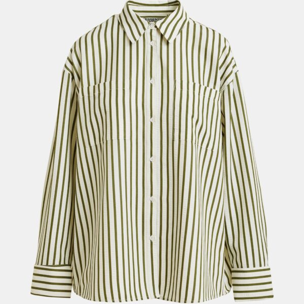 Essentiel Antwerp Off-white and green striped oversized shirt with rhinestone bib detail - Essentiel Antwerp Shirts - Colorful Belgian Design - Shop at Coveti