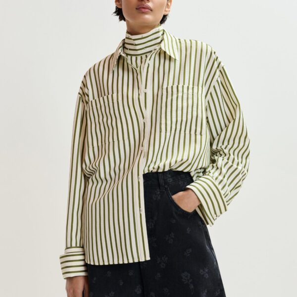 Essentiel Antwerp Off-white and green striped oversized shirt with rhinestone bib detail - Essentiel Antwerp Shirts - Colorful Belgian Design - Shop at Coveti