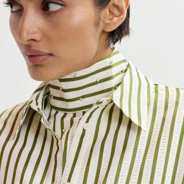 Essentiel Antwerp Off-white and green striped oversized shirt with rhinestone bib detail - Essentiel Antwerp Shirts - Colorful Belgian Design - Shop at Coveti