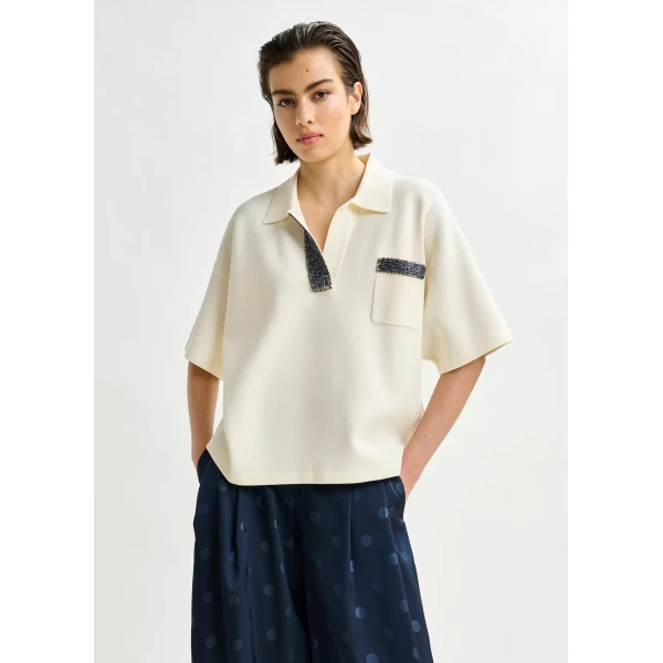 Essentiel Antwerp Off-white and grey polo top with bead embellishments, view 2