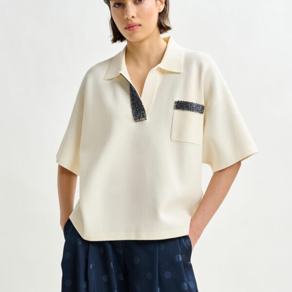 Essentiel Antwerp Off-white and grey polo top with bead embellishments - Essentiel Antwerp Tops - Colorful Belgian Design - Shop at Coveti