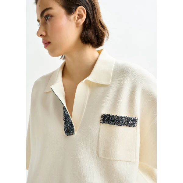 Essentiel Antwerp Off-white and grey polo top with bead embellishments, view 3