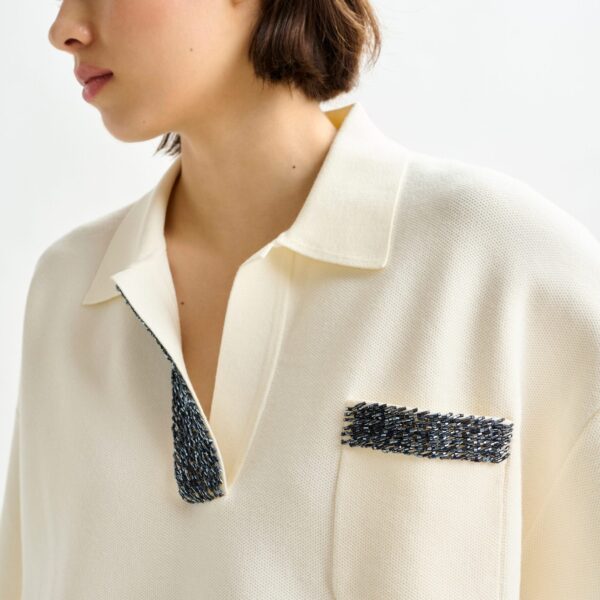 Essentiel Antwerp Off-white and grey polo top with bead embellishments - Essentiel Antwerp Tops - Colorful Belgian Design - Shop at Coveti