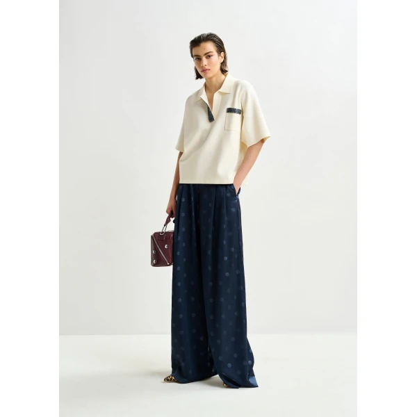 Essentiel Antwerp Off-white and grey polo top with bead embellishments, view 5