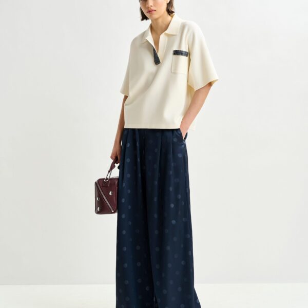 Essentiel Antwerp Off-white and grey polo top with bead embellishments - Essentiel Antwerp Tops - Colorful Belgian Design - Shop at Coveti