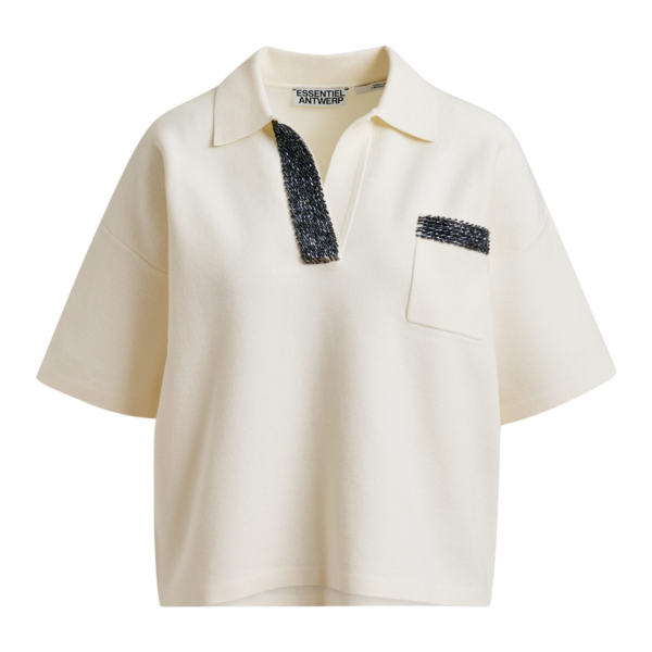 Essentiel Antwerp Off-white and grey polo top with bead embellishments - Essentiel Antwerp Tops - Colorful Belgian Design - Shop at Coveti