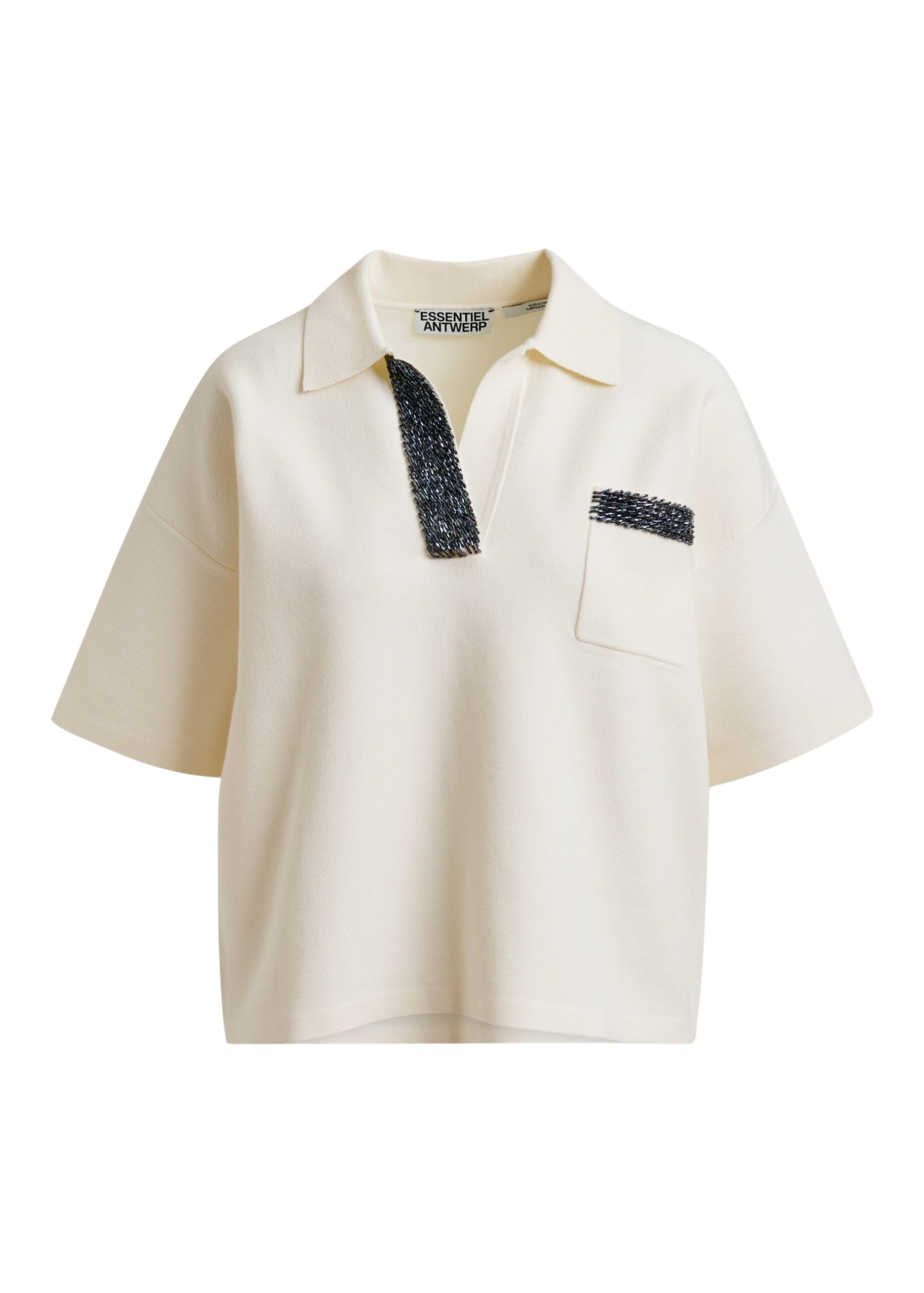 Essentiel Antwerp Off-white and grey polo top with bead embellishments - Essentiel Antwerp Tops - Colorful Belgian Design - Shop at Coveti