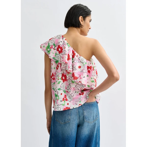 Essentiel Antwerp Off-white and multicolor asymmetric ruffle one-shoulder top, view 4