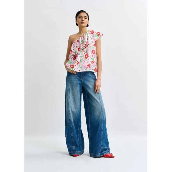 Essentiel Antwerp Off-white and multicolor asymmetric ruffle one-shoulder top, view 5