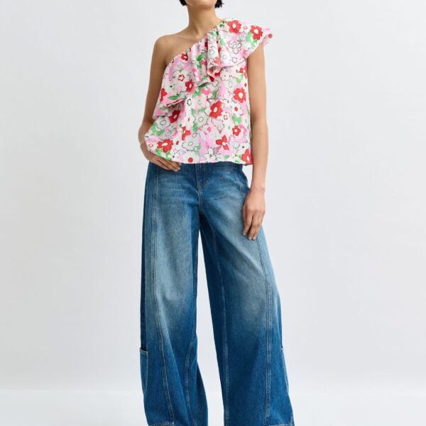 Essentiel Antwerp Off-white and multicolor asymmetric ruffle one-shoulder top - Essentiel Antwerp Tops - Colorful Belgian Design - Shop at Coveti