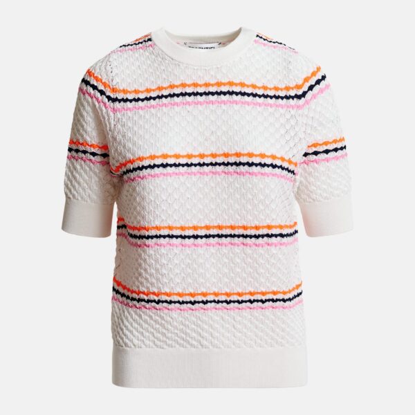 Essentiel Antwerp Off-white and multicolor striped honeycomb knit polo with rhinestone-embellished detachable collar - Essentiel Antwerp Tops - Colorful Belgian Design - Shop at Coveti