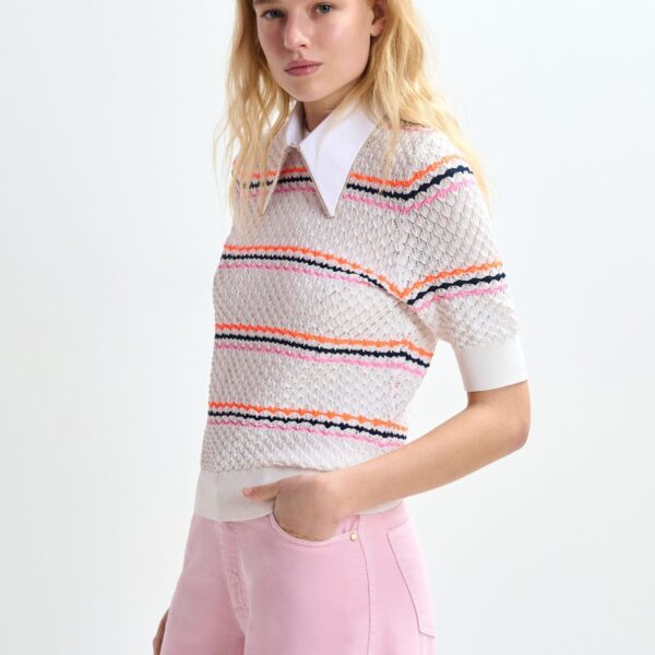 Essentiel Antwerp Off-white and multicolor striped honeycomb knit polo with rhinestone-embellished detachable collar - Essentiel Antwerp Tops - Colorful Belgian Design - Shop at Coveti