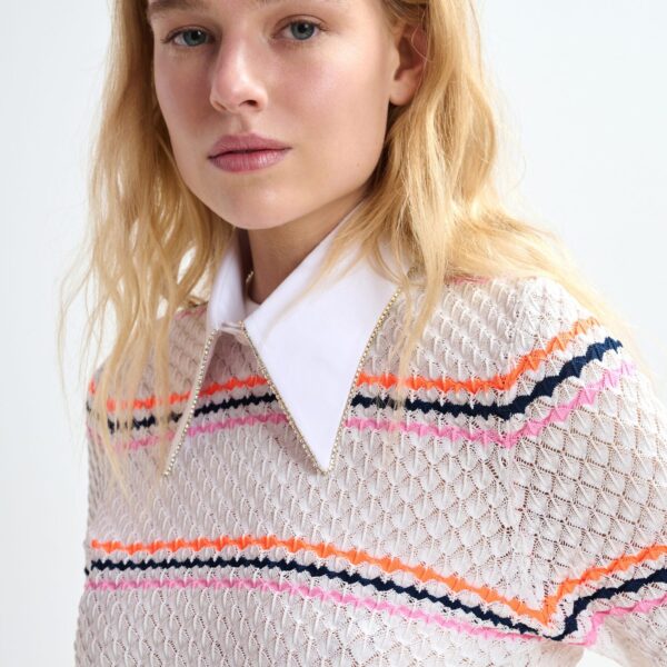 Essentiel Antwerp Off-white and multicolor striped honeycomb knit polo with rhinestone-embellished detachable collar - Essentiel Antwerp Tops - Colorful Belgian Design - Shop at Coveti