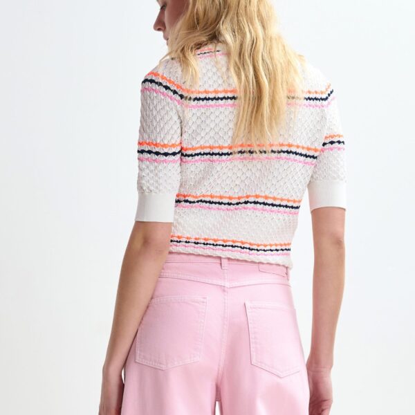 Essentiel Antwerp Off-white and multicolor striped honeycomb knit polo with rhinestone-embellished detachable collar - Essentiel Antwerp Tops - Colorful Belgian Design - Shop at Coveti