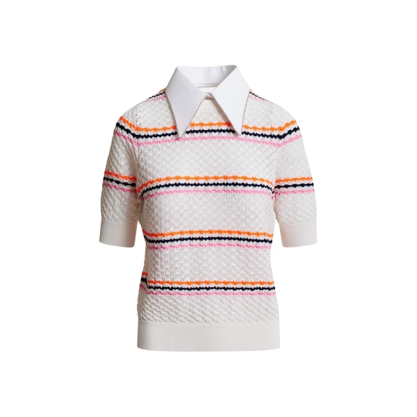 Essentiel Antwerp Off-white and multicolor striped honeycomb knit polo with rhinestone-embellished detachable collar - Essentiel Antwerp Tops - Colorful Belgian Design - Shop at Coveti