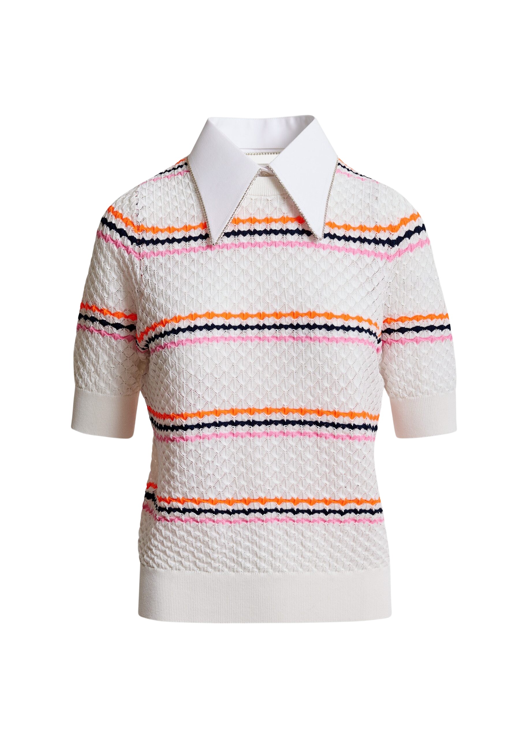 Essentiel Antwerp Off-white and multicolor striped honeycomb knit polo with rhinestone-embellished detachable collar - Essentiel Antwerp Tops - Colorful Belgian Design - Shop at Coveti