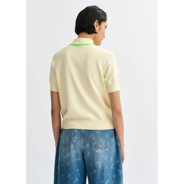 Essentiel Antwerp Off-white fine-knit polo with light green scarf-like contrast collar Top, view 4