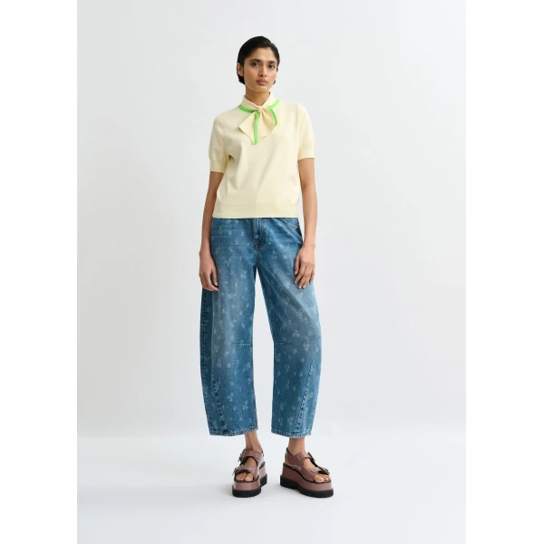Essentiel Antwerp Off-white fine-knit polo with light green scarf-like contrast collar Top, view 5