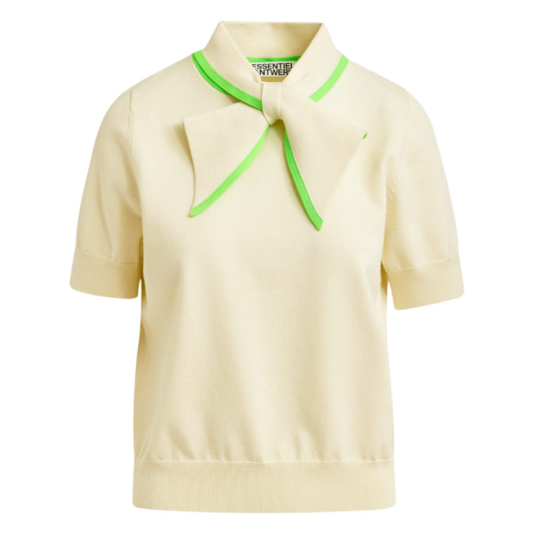 Essentiel Antwerp Off-white fine-knit polo with light green scarf-like contrast collar - Essentiel Antwerp Tops - Colorful Belgian Design - Shop at Coveti
