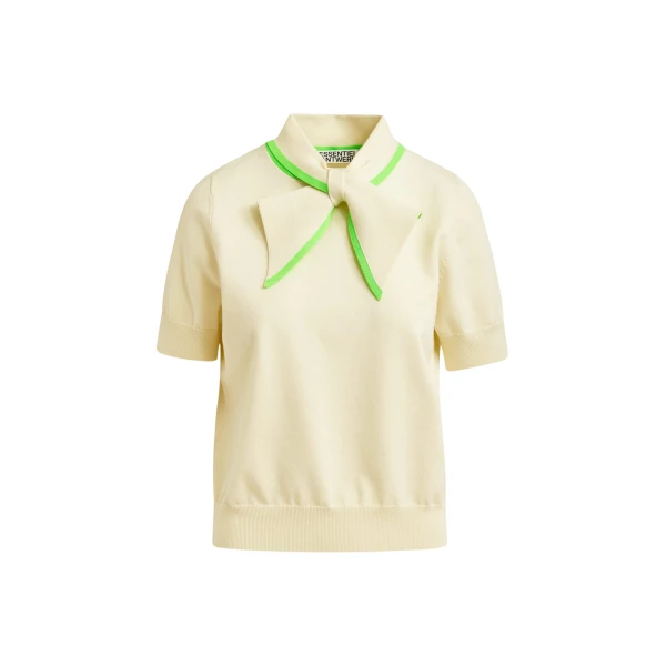 Essentiel Antwerp Off-white fine-knit polo with light green scarf-like contrast collar - Essentiel Antwerp Tops - Colorful Belgian Design - Shop at Coveti