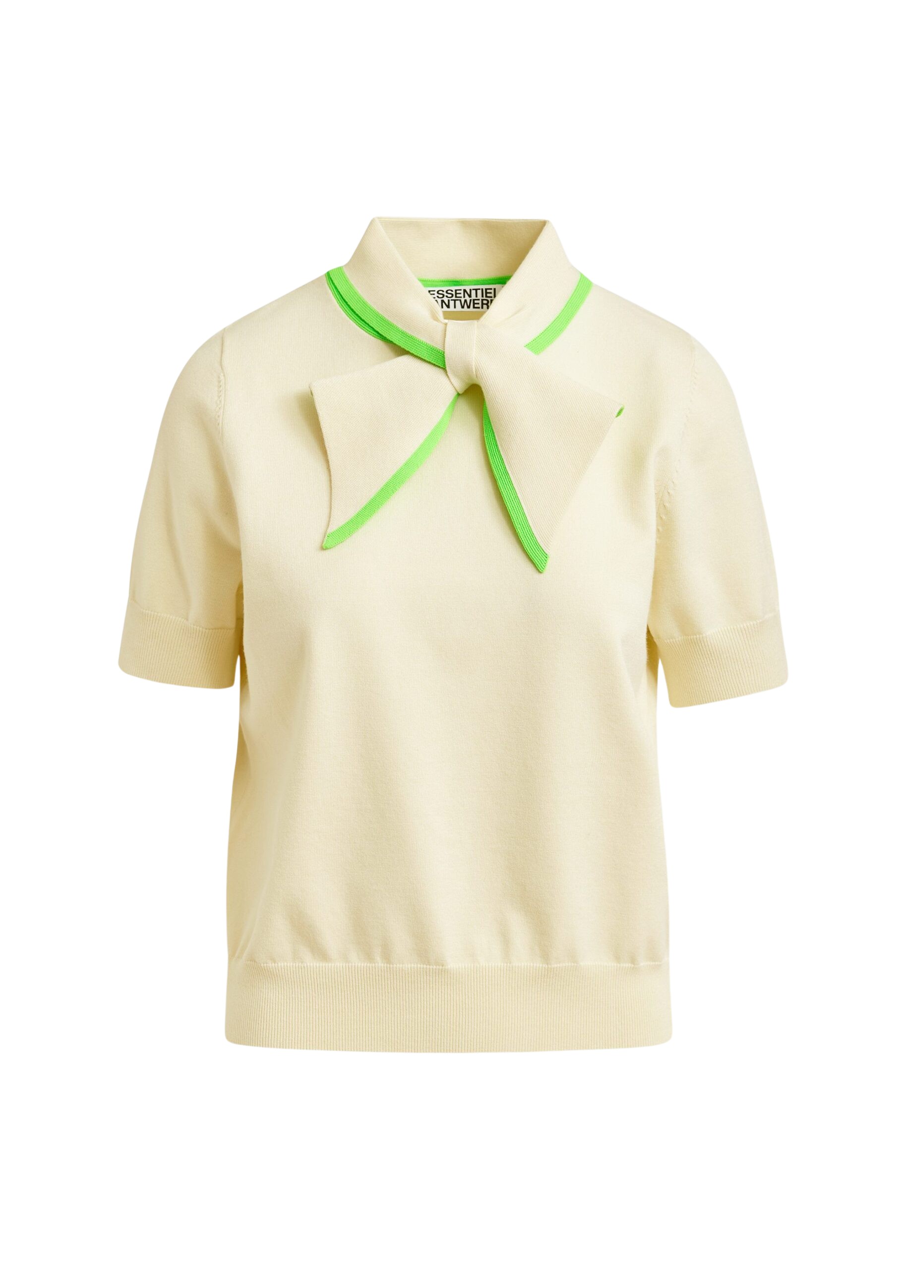 Essentiel Antwerp Off-white fine-knit polo with light green scarf-like contrast collar - Essentiel Antwerp Tops - Colorful Belgian Design - Shop at Coveti