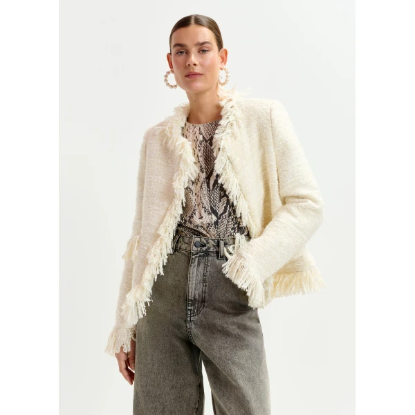 Essentiel Antwerp Off-white fringed wool-blend bouclé jacket, view 2