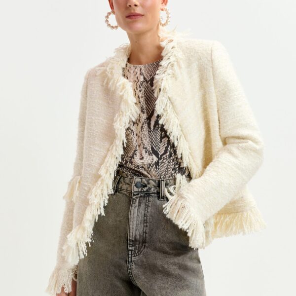 Essentiel Antwerp Off-white fringed wool-blend bouclé jacket - Essentiel Antwerp Jackets - Colorful Belgian Design - Shop at Coveti