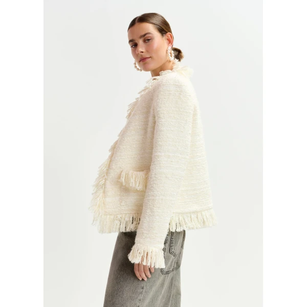 Essentiel Antwerp Off-white fringed wool-blend bouclé jacket, view 3