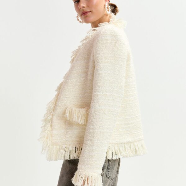 Essentiel Antwerp Off-white fringed wool-blend bouclé jacket - Essentiel Antwerp Jackets - Colorful Belgian Design - Shop at Coveti