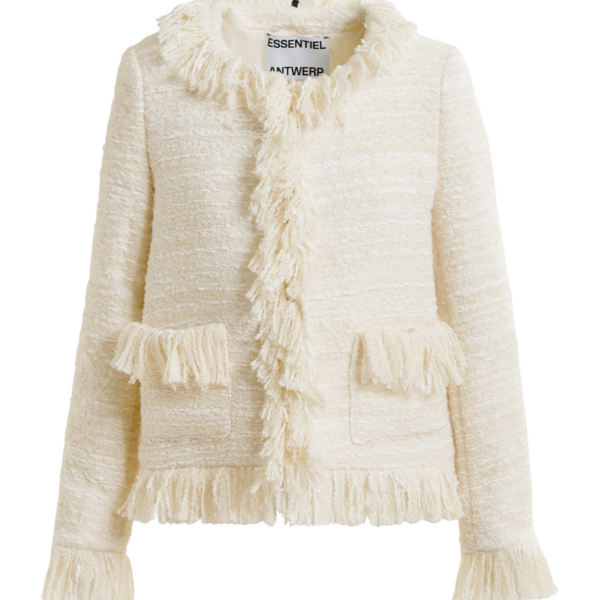 Essentiel Antwerp Off-white fringed wool-blend bouclé jacket - Essentiel Antwerp Jackets - Colorful Belgian Design - Shop at Coveti