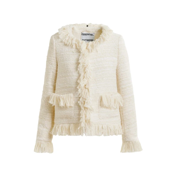Essentiel Antwerp Off-white fringed wool-blend bouclé jacket - Essentiel Antwerp Jackets - Colorful Belgian Design - Shop at Coveti