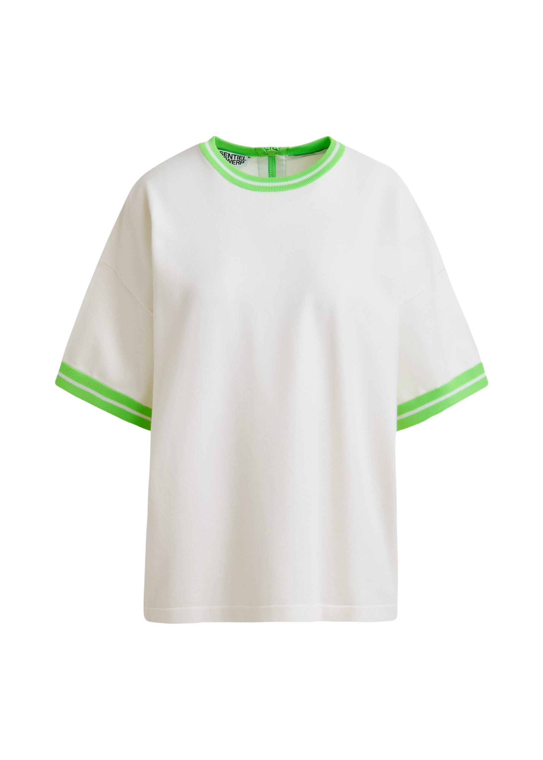 Essentiel Antwerp Off-white knit T-shirt with light green contrasting trim - Essentiel Antwerp Shirts - Colorful Belgian Design - Shop at Coveti