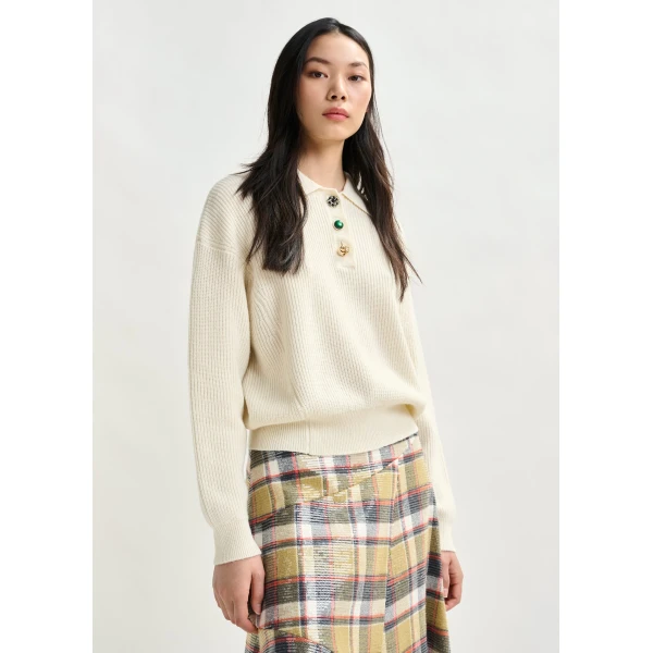 Essentiel Antwerp Off-white wool-blend polo with jewel buttons Top, view 2