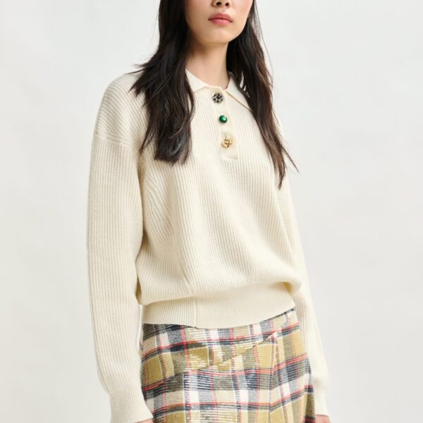 Essentiel Antwerp Off-white wool-blend polo with jewel buttons - Essentiel Antwerp Tops - Colorful Belgian Design - Shop at Coveti