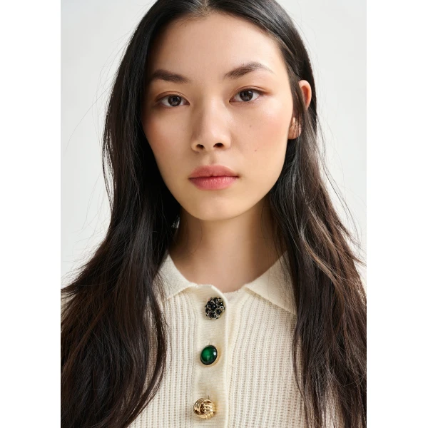 Essentiel Antwerp Off-white wool-blend polo with jewel buttons Top, view 3