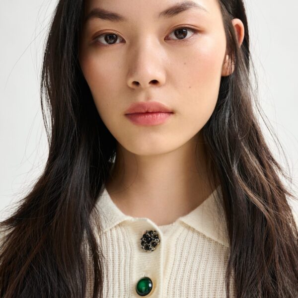 Essentiel Antwerp Off-white wool-blend polo with jewel buttons - Essentiel Antwerp Tops - Colorful Belgian Design - Shop at Coveti