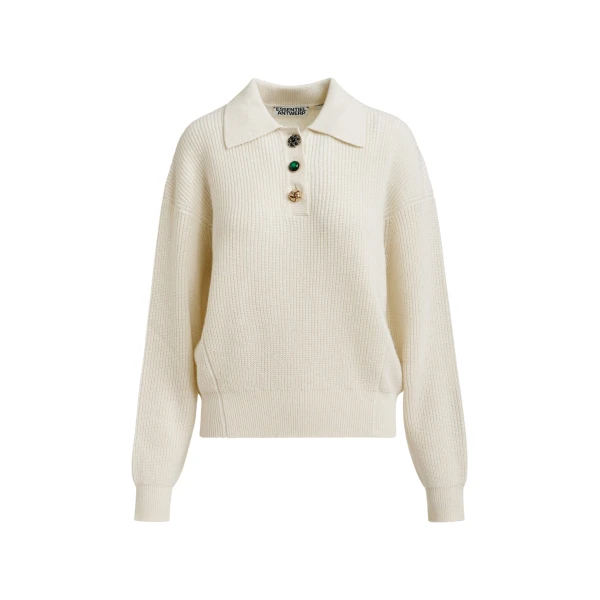 Essentiel Antwerp Off-white wool-blend polo with jewel buttons - Essentiel Antwerp Tops - Colorful Belgian Design - Shop at Coveti