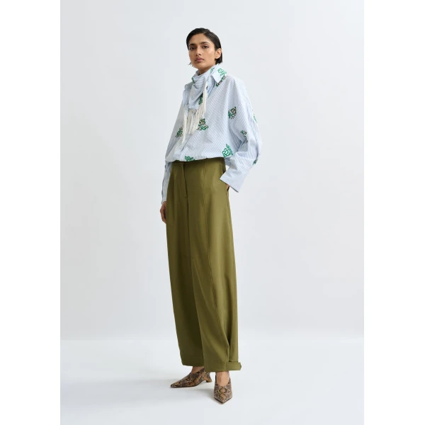 Essentiel Antwerp Olive green barrel-leg pants with twisted side seams, view 2