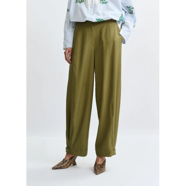Essentiel Antwerp Olive green barrel-leg pants with twisted side seams, view 3