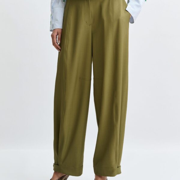Essentiel Antwerp Olive green barrel-leg pants with twisted side seams - Essentiel Antwerp Pants - Colorful Belgian Design - Shop at Coveti