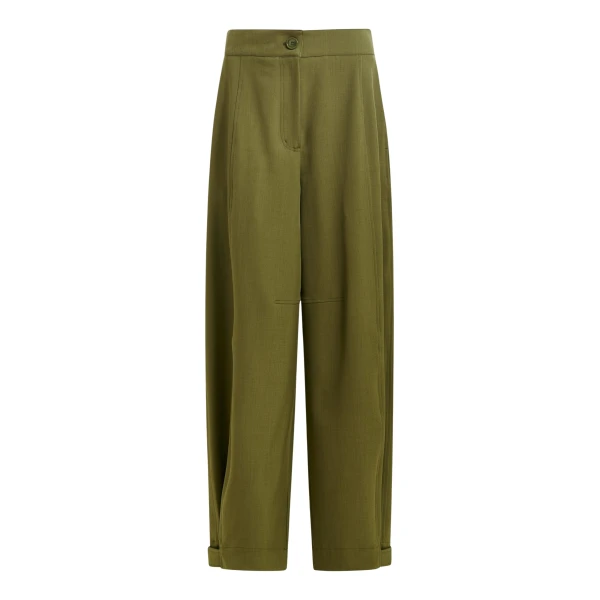 Essentiel Antwerp Olive green barrel-leg pants with twisted side seams - Essentiel Antwerp Pants - Colorful Belgian Design - Shop at Coveti