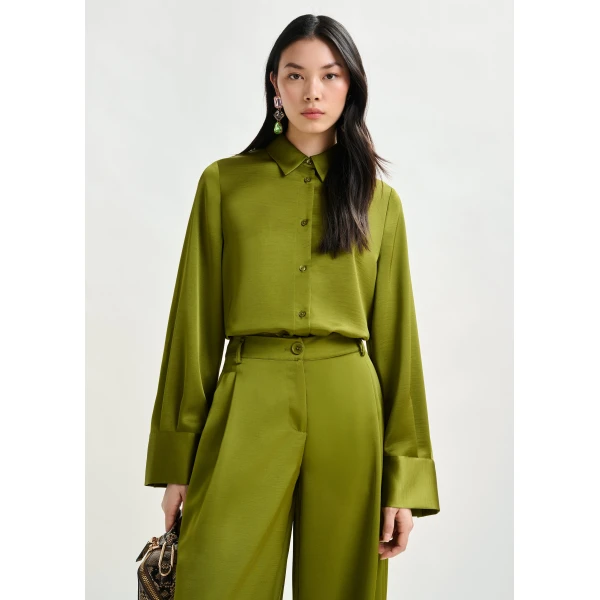 Essentiel Antwerp Olive green oversized satin shirt with button placket, view 2