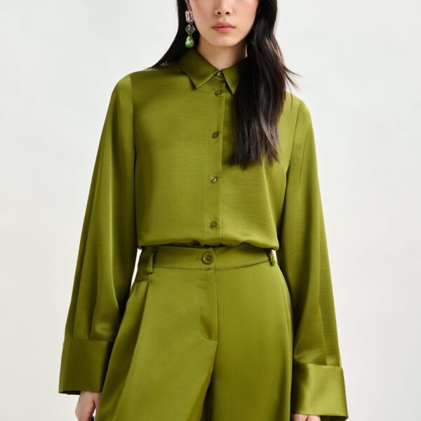 Essentiel Antwerp Olive green oversized satin shirt with button placket - Essentiel Antwerp Shirts - Colorful Belgian Design - Shop at Coveti