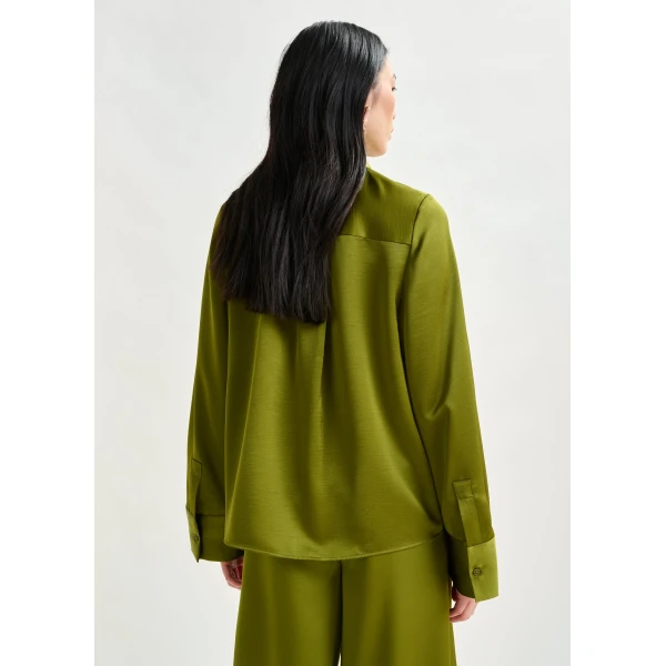 Essentiel Antwerp Olive green oversized satin shirt with button placket, view 3