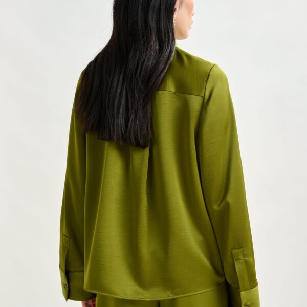 Essentiel Antwerp Olive green oversized satin shirt with button placket - Essentiel Antwerp Shirts - Colorful Belgian Design - Shop at Coveti